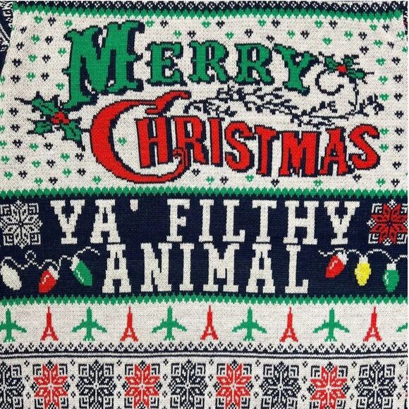 Men's Home Alone Filthy Animal Crewneck Pullover Ugly Sweater Blue L NWT - Picture 3 of 3